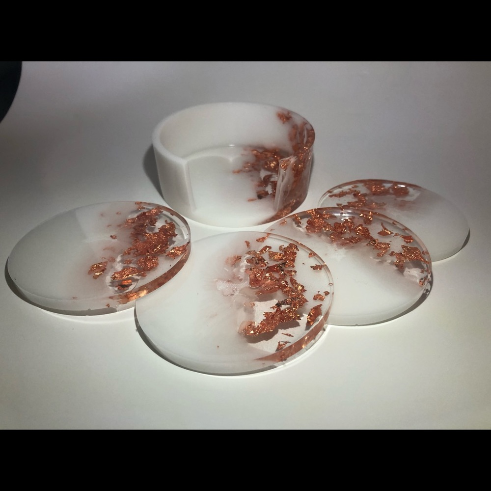 Copper/Rose Gold & White Coaster Set With Holder - Picture 6 of 14